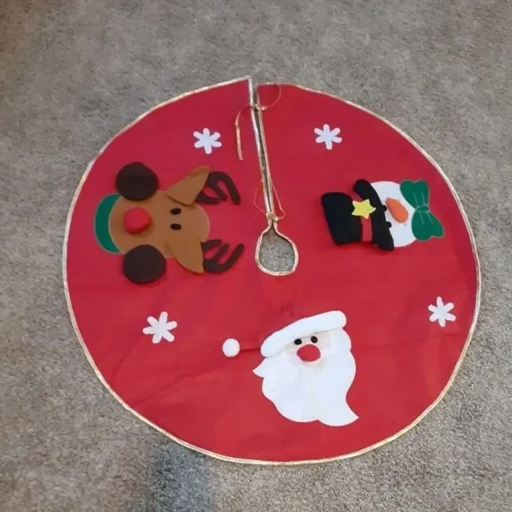 Santa Rudolph and Frosty The Snowman Red Felt Christmas Tree Skirt